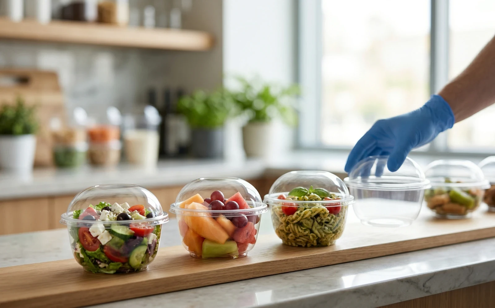 Clear rPET food containers with recycling symbols on a counter, reflecting brand loyalty to sustainability.