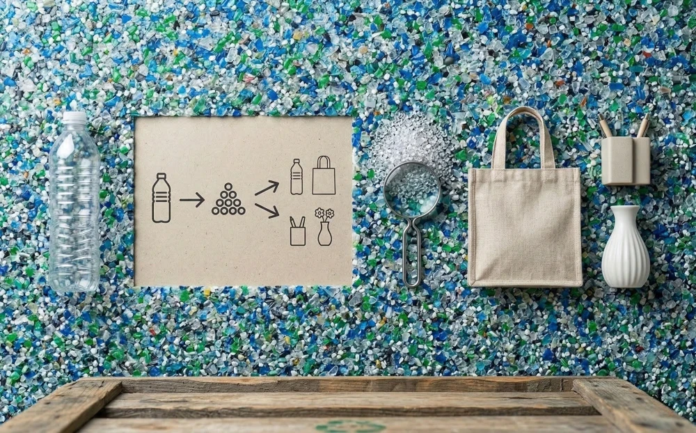 A flat-lay showing rPET flakes, a bottle, and recycled products representing a stable circular supply chain.