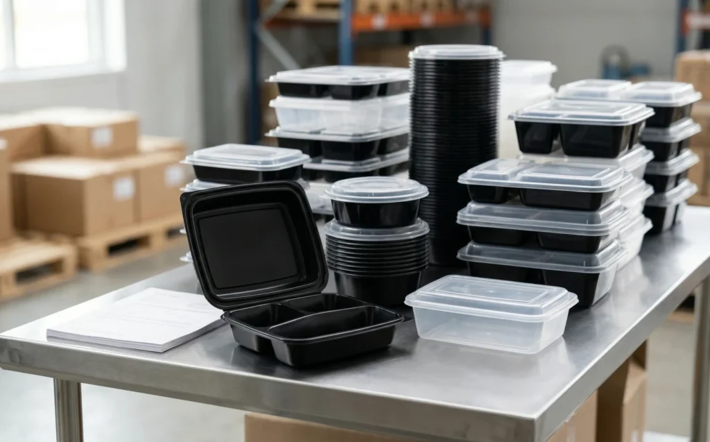 Comparing food container bulk quality and price with stacked bento boxes and inspection tools.
