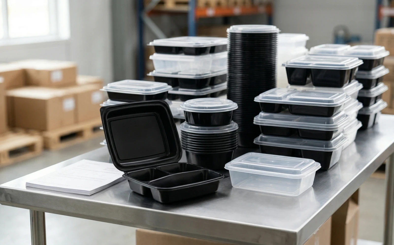 Comparing food container bulk quality and price with stacked bento boxes and inspection tools.
