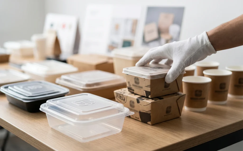 A gloved hand inspecting custom embossed plastic lids and branded paper food container bulk samples on a desk.
