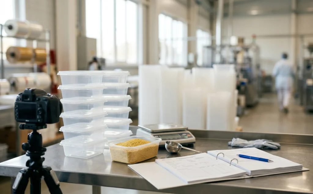 Quality inspection of food container bulk units with certification documents in a clean manufacturing facility.