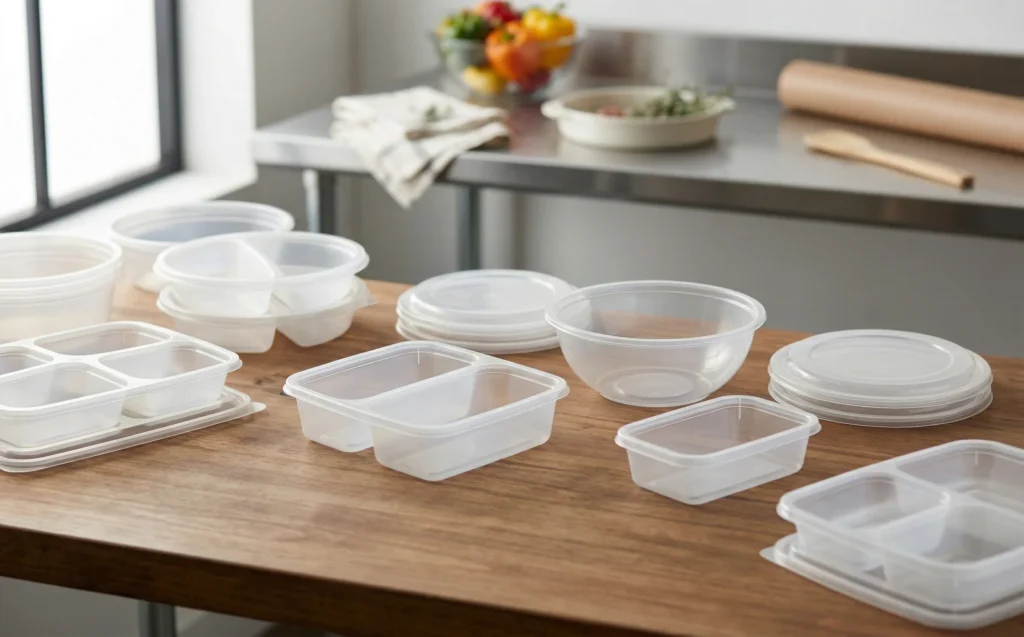 Bulk food container variety showing different sizes, shapes, and compartment designs for wholesale.
