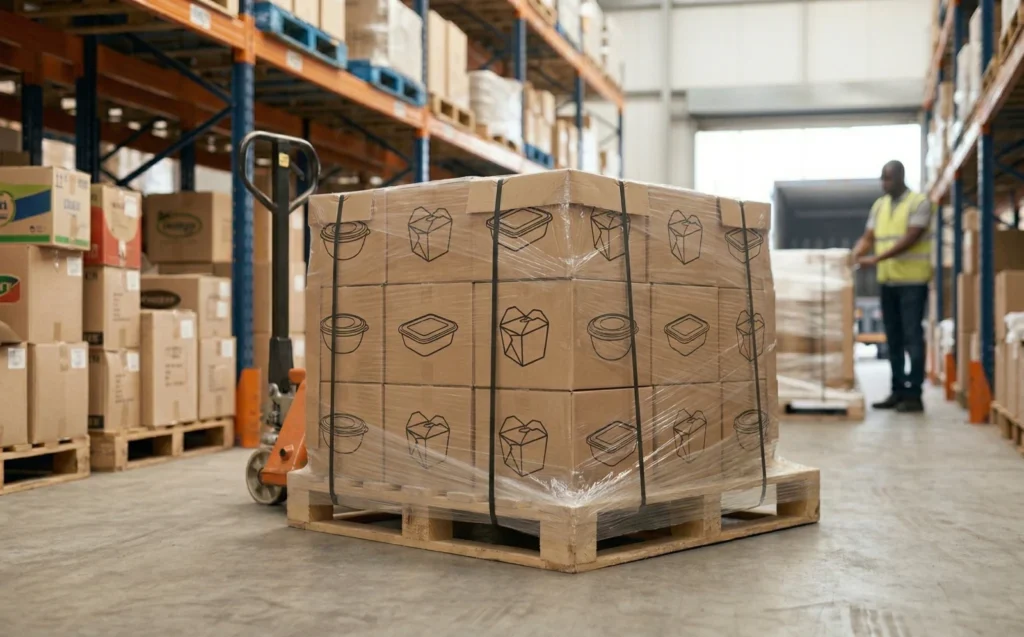 Bulk food containers in boxes on a pallet with line art icons for wholesale distribution.