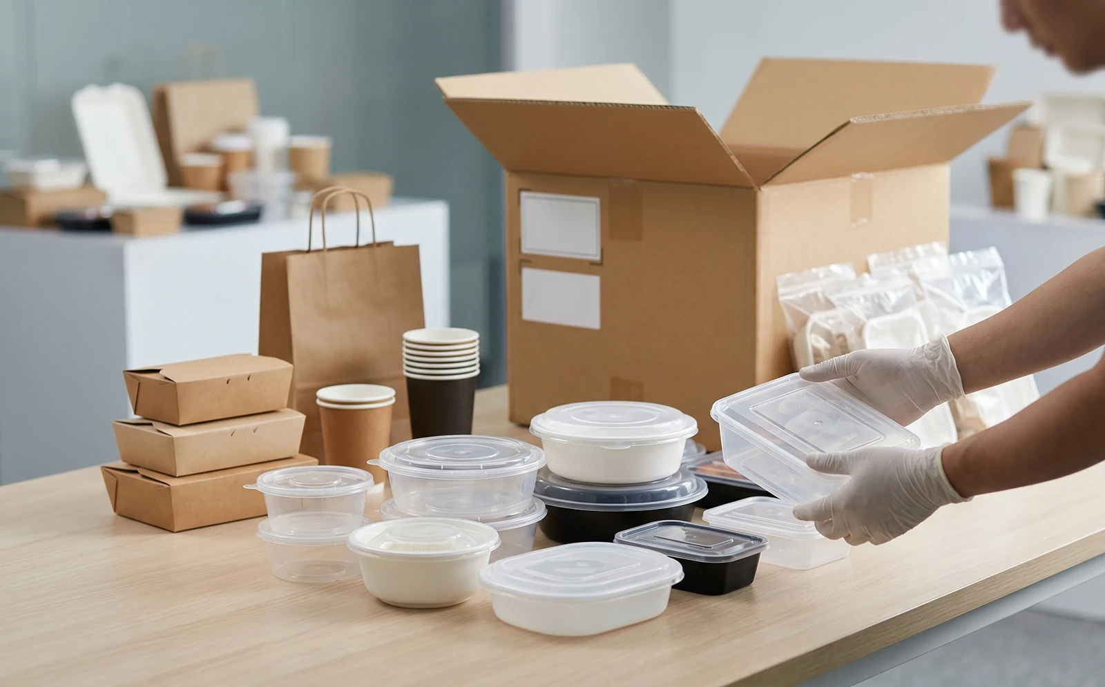 Hands in white gloves inspecting clear plastic food container samples on a wooden table with wholesale packaging.
