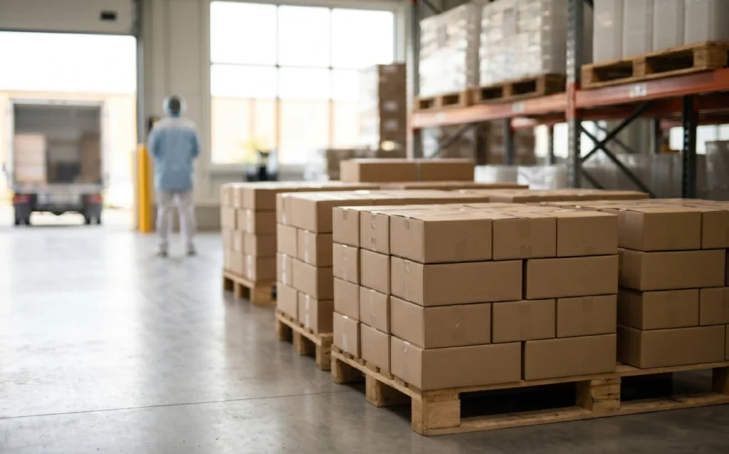 Stacked boxes on pallets in a warehouse representing food container bulk orders from an integrated supplier.