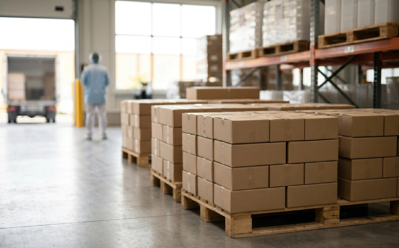 Stacked boxes on pallets in a warehouse representing food container bulk orders from an integrated supplier.