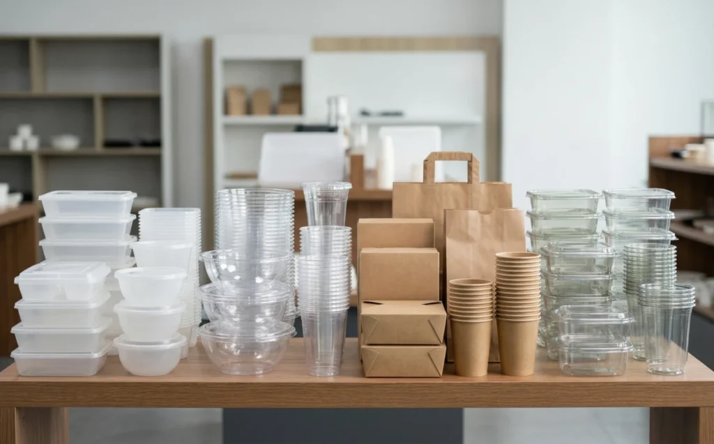 Wholesale food container bulk variety including PP microwaveable trays, clear PET bowls, and eco-friendly paper packaging.