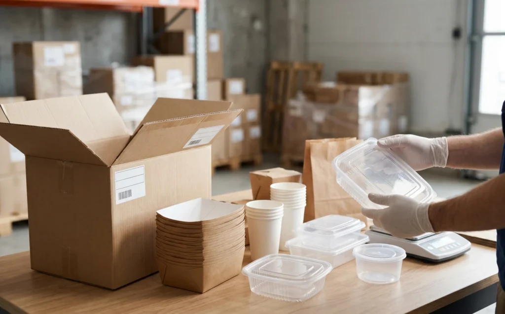 QC worker in gloves weighing a plastic food container sample near shipping boxes in a warehouse.