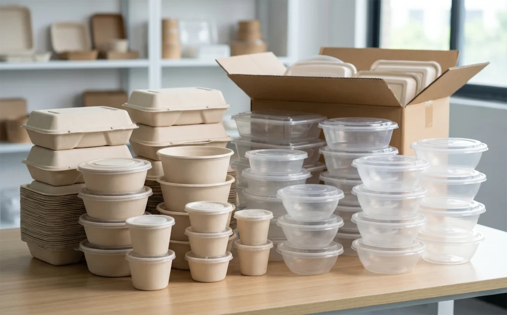 Sustainable food container bulk samples including compostable bagasse bowls and recyclable clear plastic trays.