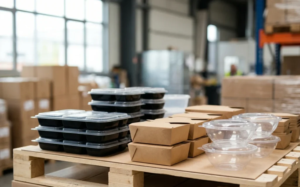Variety of bulk food containers including plastic trays, paper boxes, and PET bowls on a pallet.