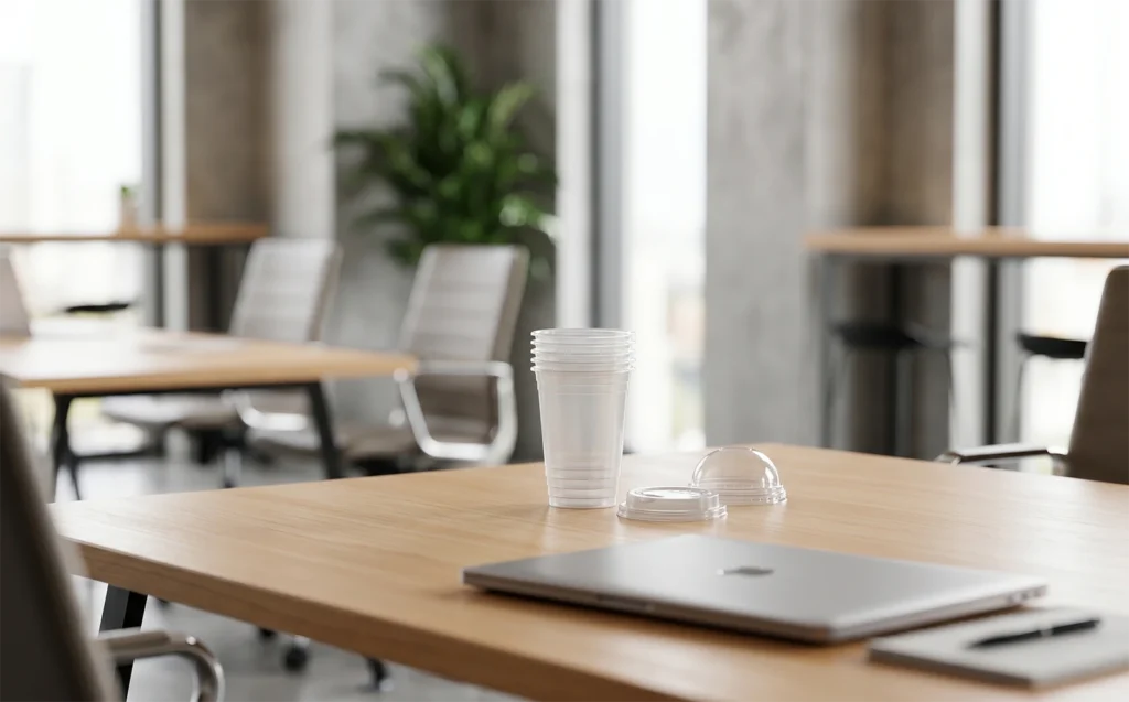 Wholesale PP cups and matching lids displayed on an office desk for bulk order quality inspection.
