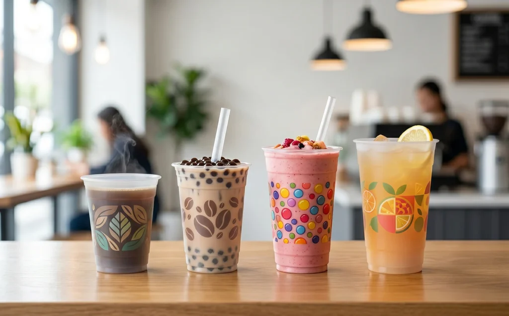 Custom printed translucent frosted PP cups with colorful logos for bubble tea and coffee.