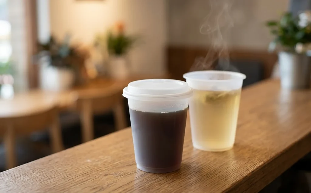 Translucent heat-resistant PP cups with steaming tea and coffee on a wooden cafe counter