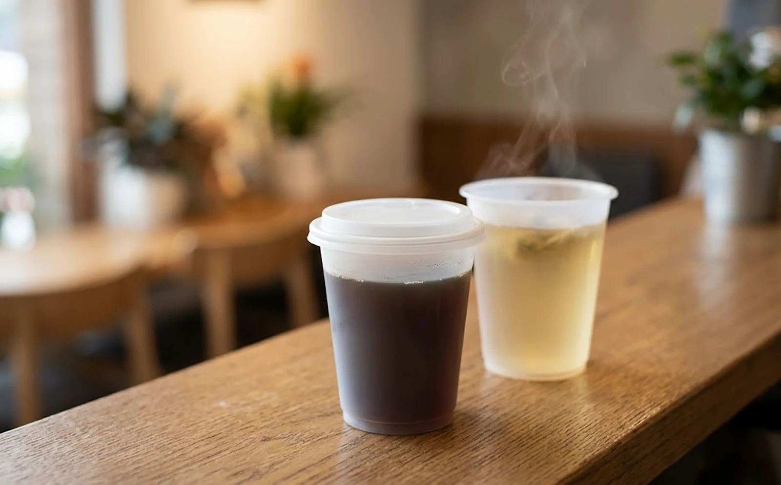 Translucent heat-resistant PP cups with steaming tea and coffee on a wooden cafe counter