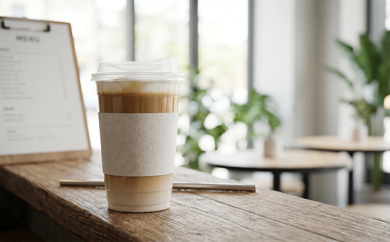 Translucent heat-resistant PP cups with lids for hot coffee in a modern cafe setting.