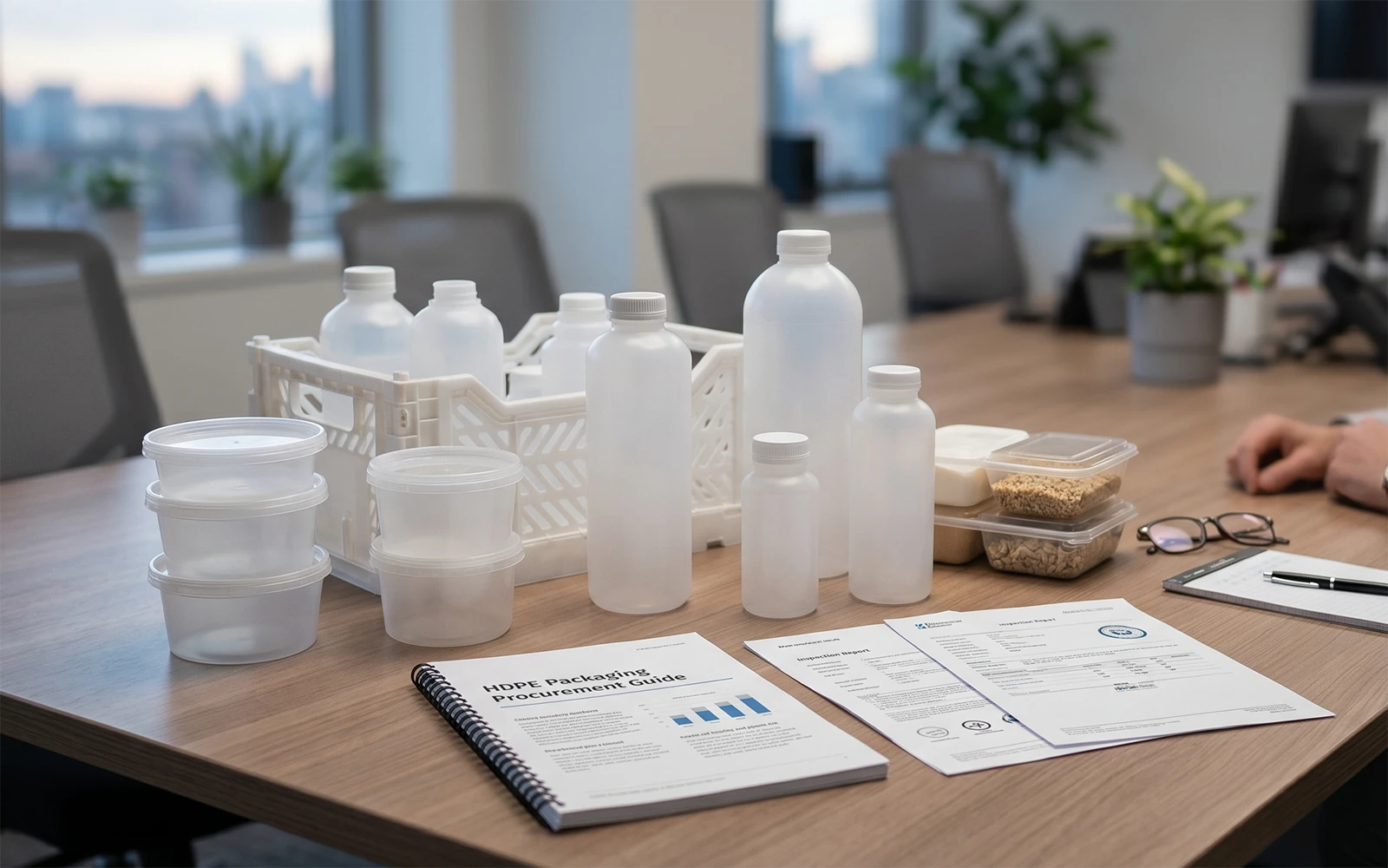 HDPE food packaging containers and procurement reports on a modern office desk.