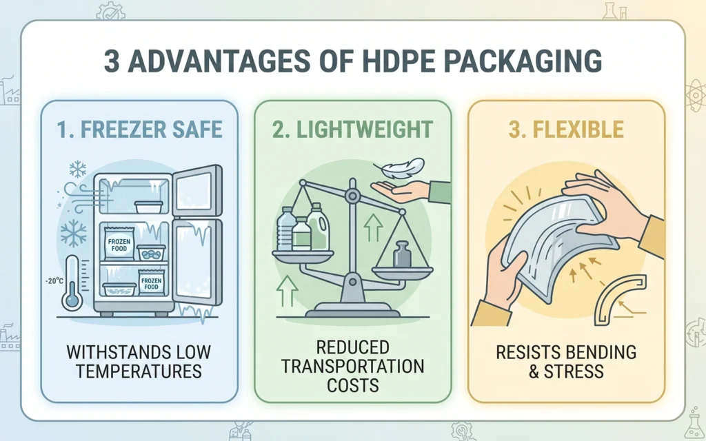 Flat illustration showing 3 advantages of HDPE packaging: freezer safe, lightweight, and flexible.