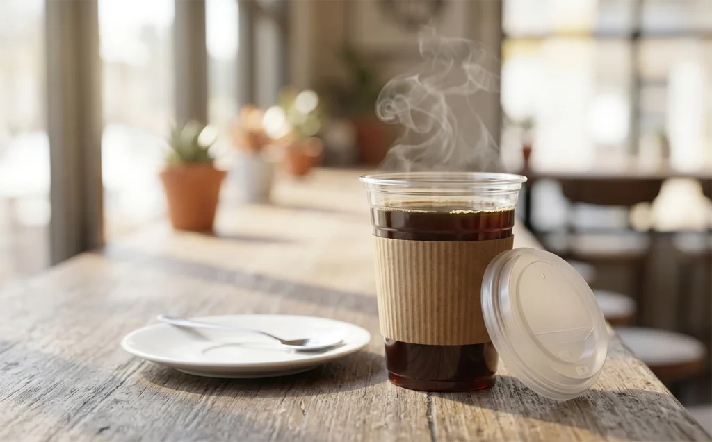 Steaming hot coffee inside a heat-resistant PP cup with a protective sleeve on a wooden table.