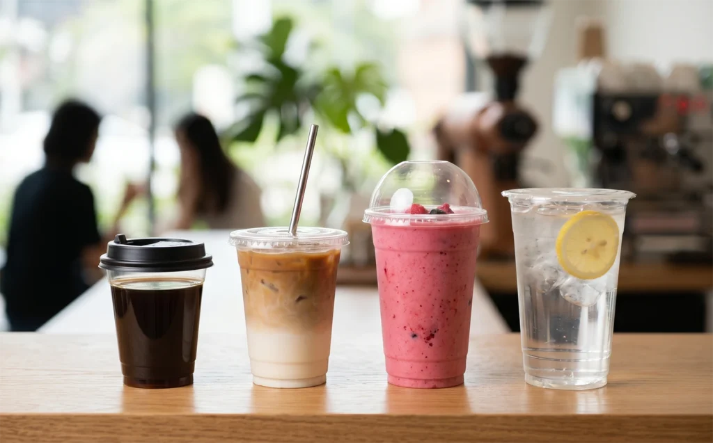 Various sizes of PP cups with flat, dome, and reclosable lids for coffee and smoothies.