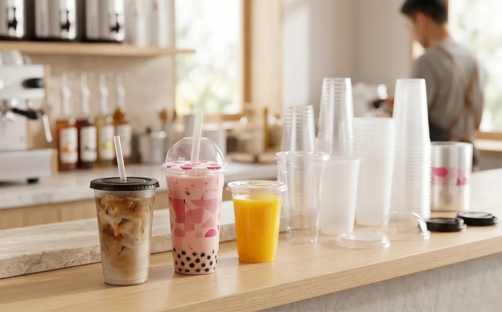Variety of food grade PP plastic cups with lids on a cafe counter for wholesale