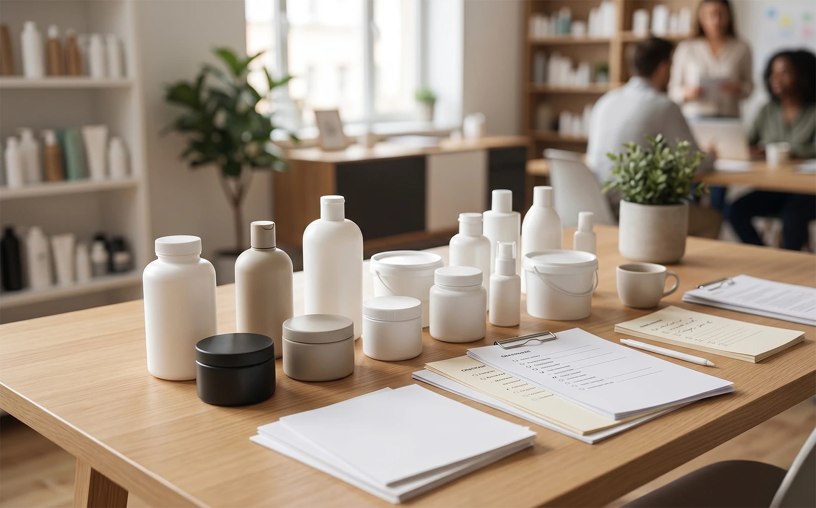 Custom HDPE packaging material samples and ordering checklists on a modern office desk for a B2B blog post.
