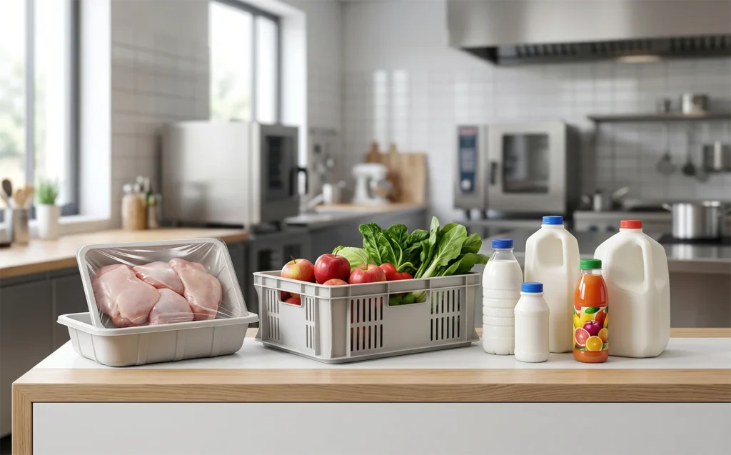 HDPE trays for meat, fresh produce crates, and dairy beverage bottles on a kitchen counter.