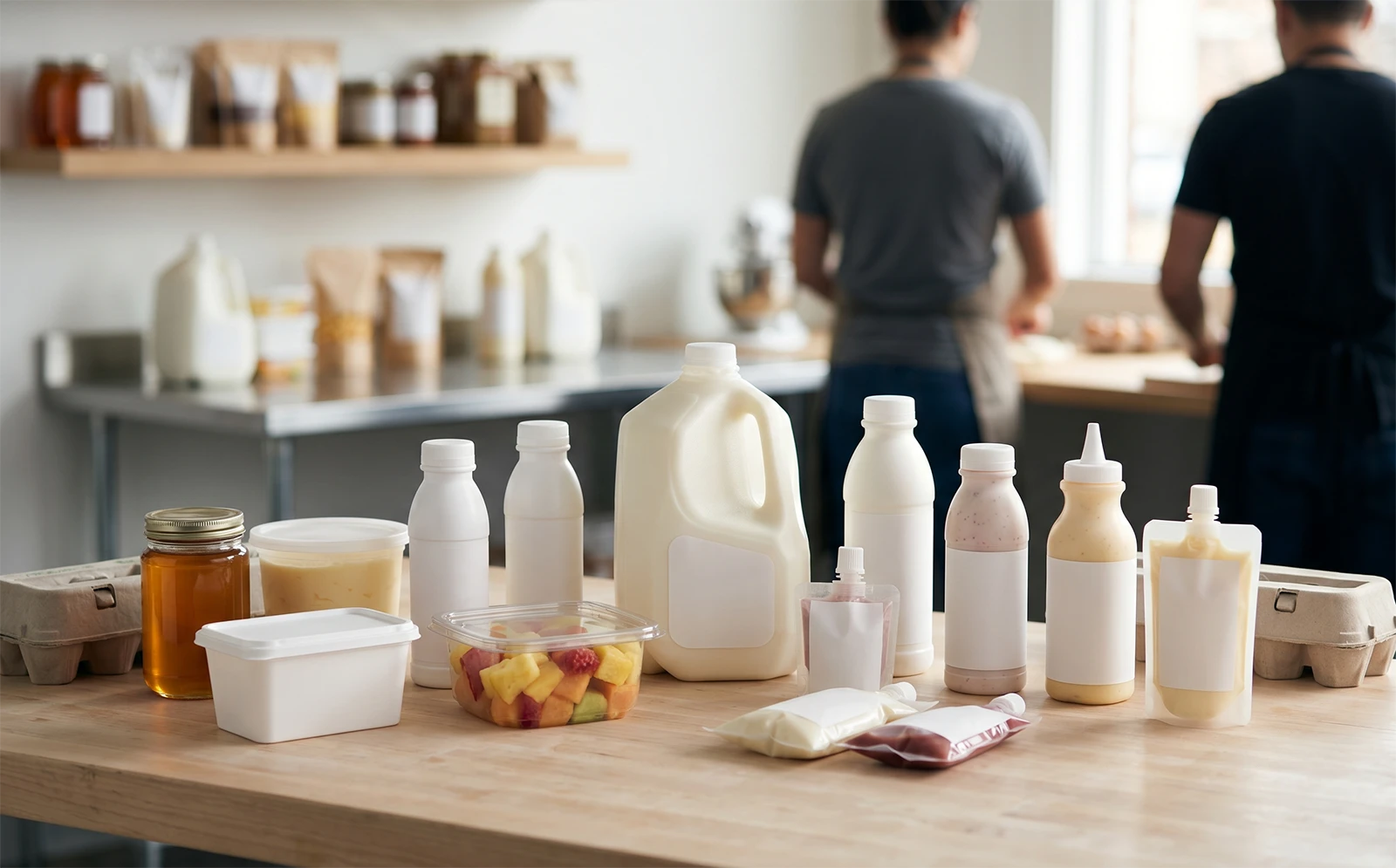 Various white HDPE plastic food contact packaging containers and bottles on a wooden table.