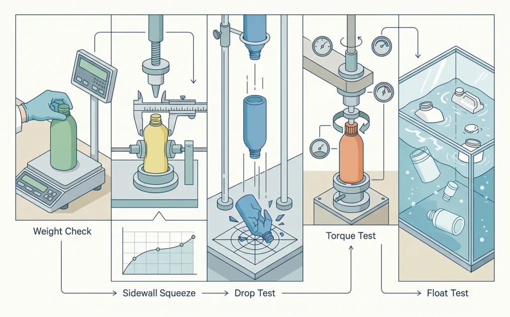 Technical diagram of HDPE packaging quality tests including weight, squeeze, drop, torque, and float testing.