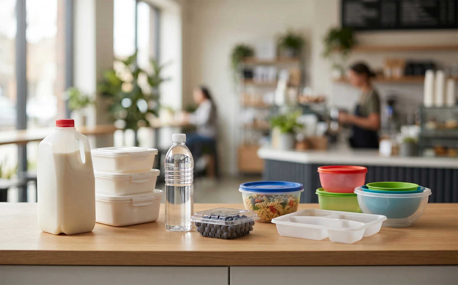 Premium food packaging containers made of HDPE, PET, and PP materials displayed on a modern counter.