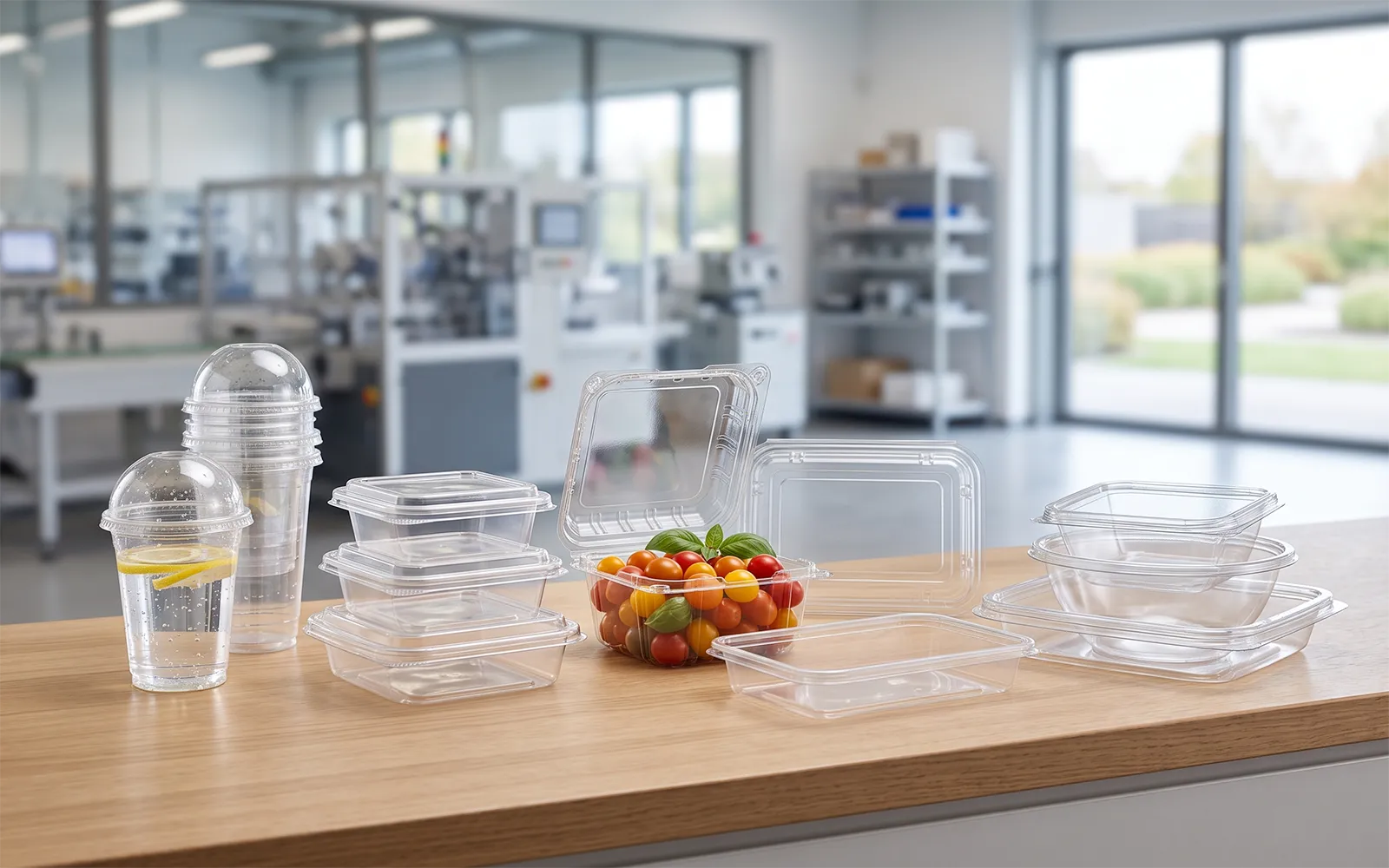 Clear PET packaging solutions including plastic cups, trays, and clamshell containers on a wooden table.