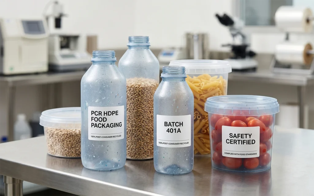 Food-grade PCR HDPE containers filled with grain and tomatoes in a safety testing lab.