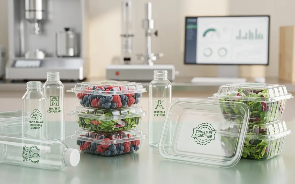 Clear food-grade rPET containers and bottles with "Certified" and "Tested" compliance labels in a lab.
