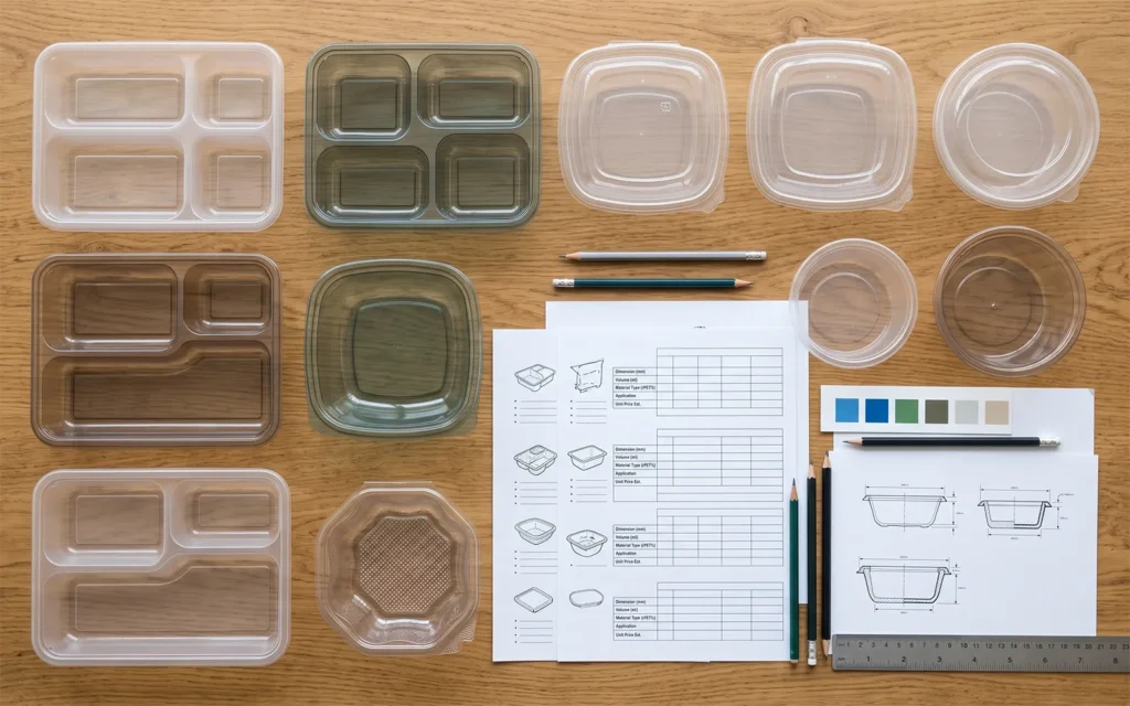 Custom PET and rPET food packaging containers with design specification sheets.