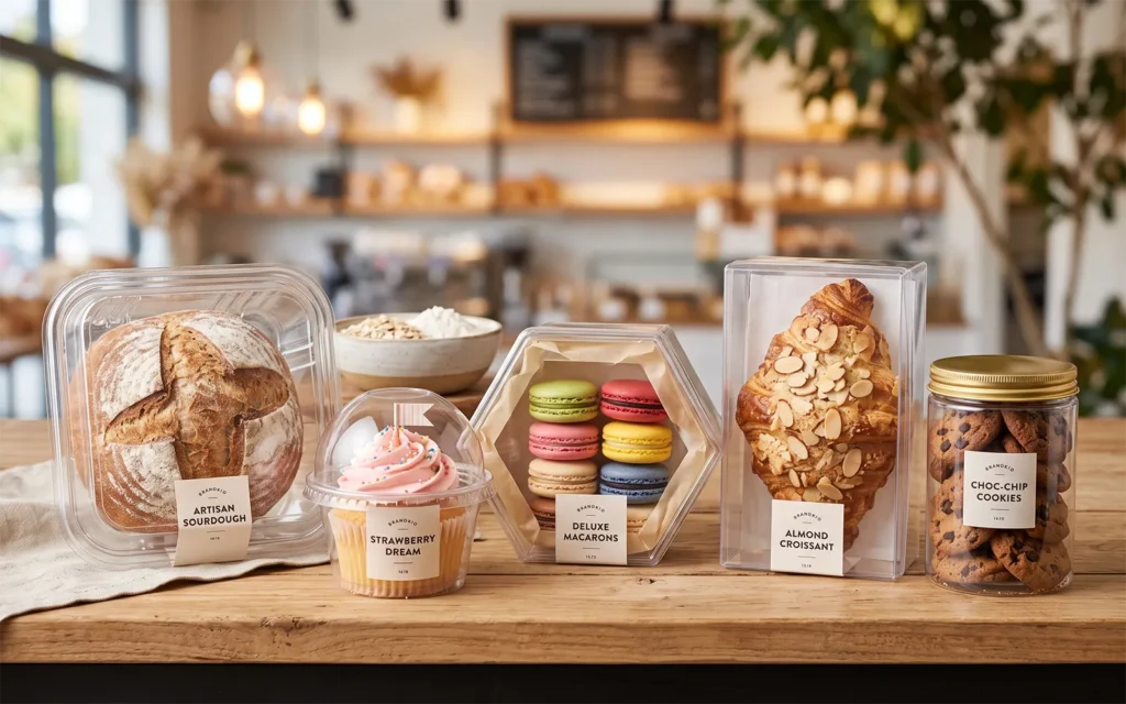 Clear PET bakery containers and clamshells with fresh pastries.