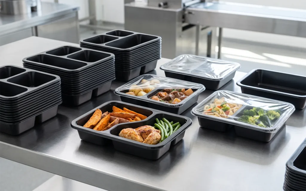 PET food trays and multi-compartment containers for ready meals on a stainless steel packaging line