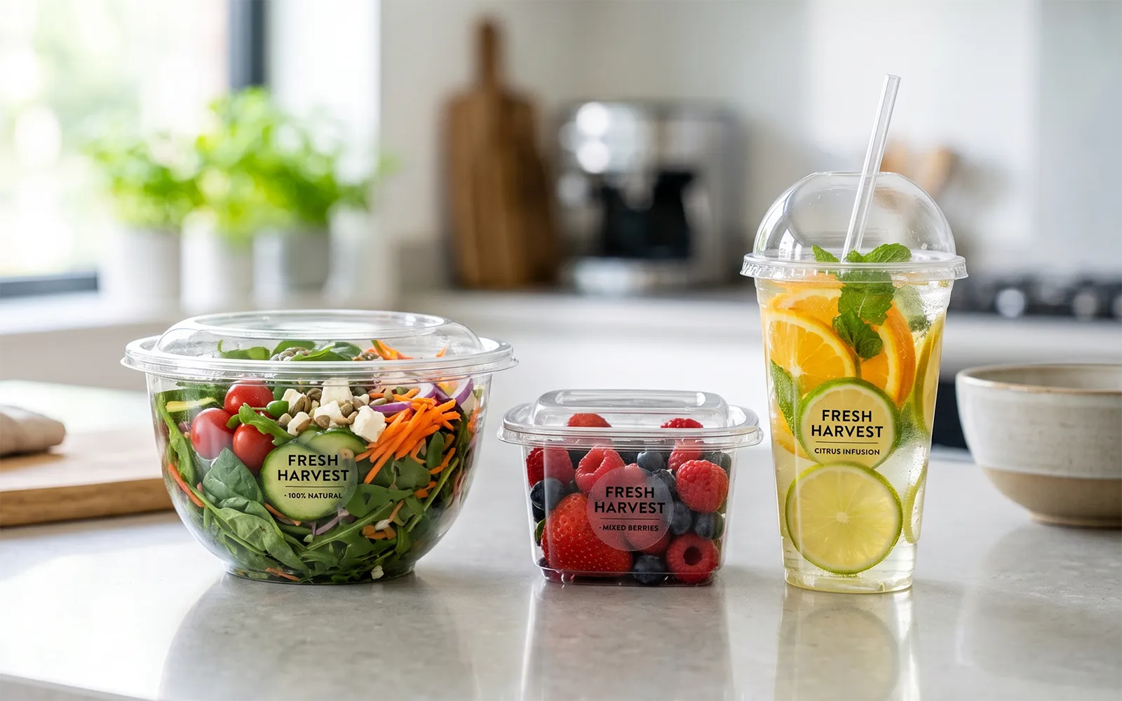 Transparent PET plastic cups and containers filled with fresh green salad and fruits on a kitchen counter.