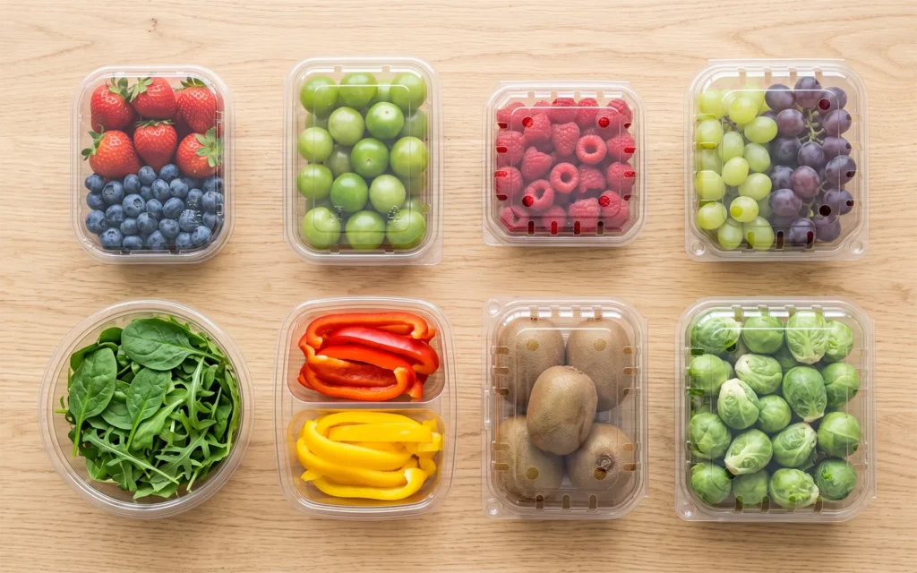 Top-down view of fresh fruits and vegetables in clear PET and rPET packaging boxes.