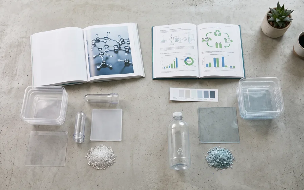 Flat lay comparison of PET and recycled rPET packaging samples on a concrete desk for sustainability.