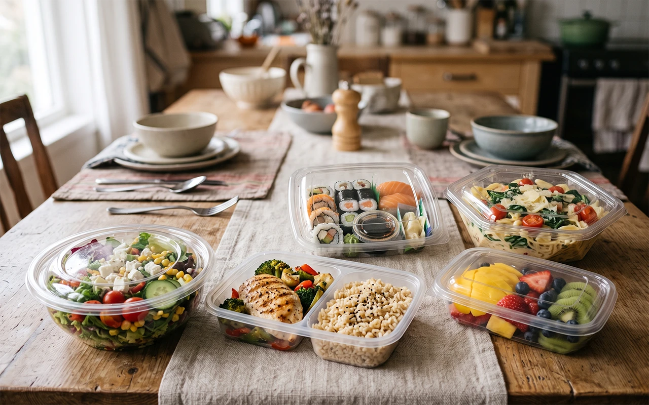 Clear PET plastic disposable food containers filled with fresh salads, sushi, and fruit.