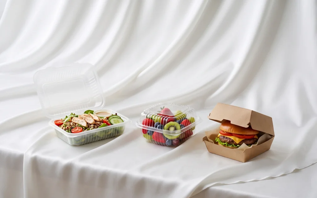 PP salad box, PET fruit container, and paper burger box on white silk background