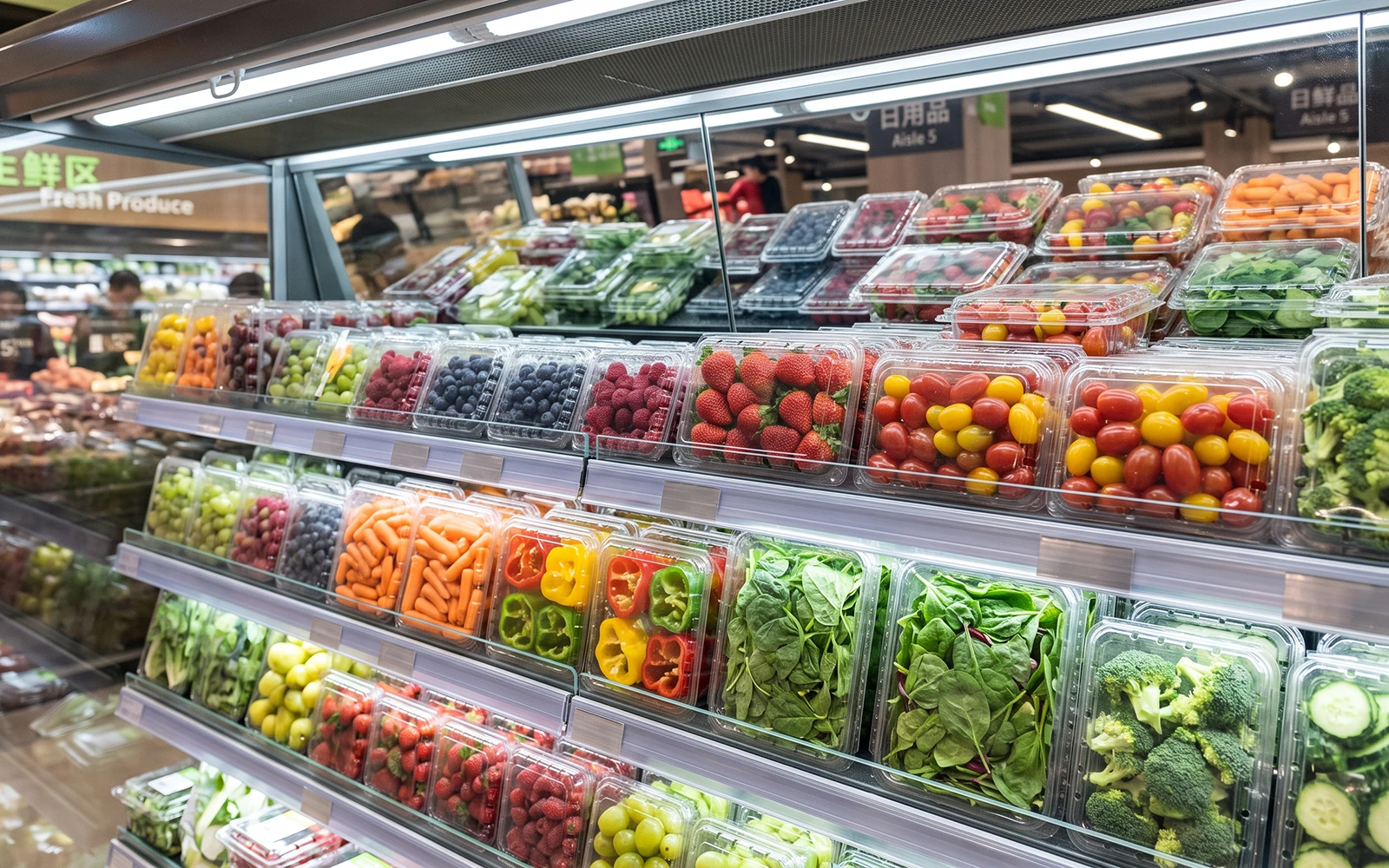 Fresh fruits and vegetables displayed in clear plastic clam-shell packaging on supermarket refrigerated shelves.