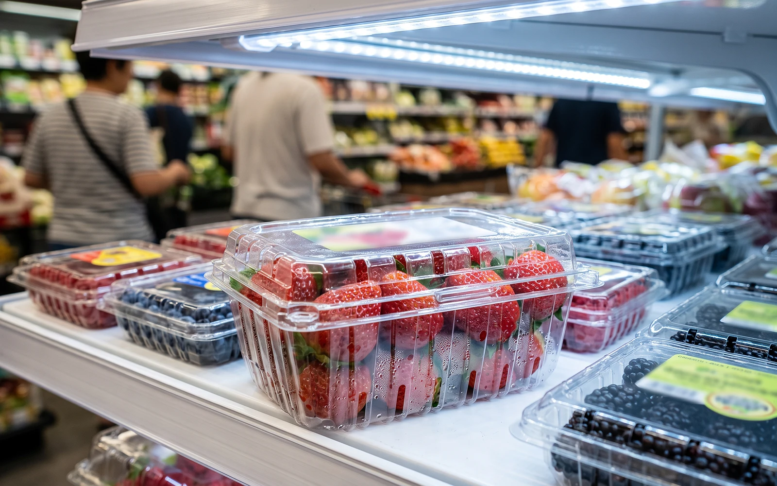 Clear PET clamshell packaging with fresh strawberries on a refrigerated supermarket shelf, showing high optical clarity and ventilation holes.
