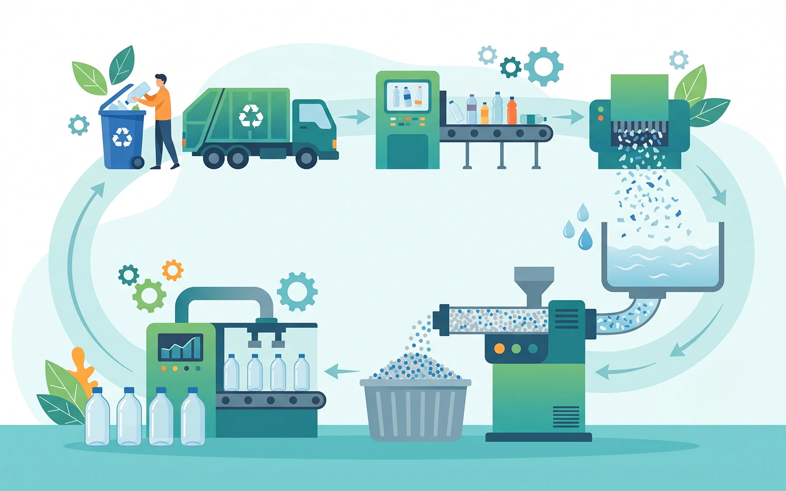 A flat infographic diagram illustrating the step-by-step mechanical recycling process of PET plastic bottles.