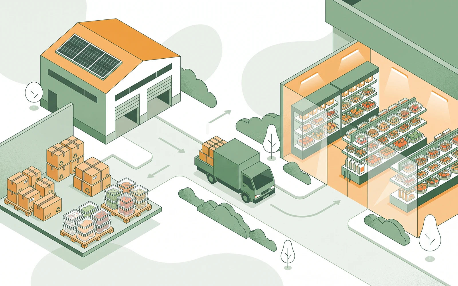 Isometric illustration of a sustainable packaging supply chain showing warehouse storage, green delivery truck, and supermarket shelf with clamshell-packaged produce