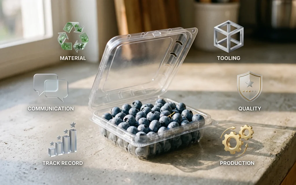 A clear, semi-open plastic clamshell container filled with fresh blueberries, surrounded by 3D floating icons representing Material, Tooling, Quality, Production, Track Record, and Communication.