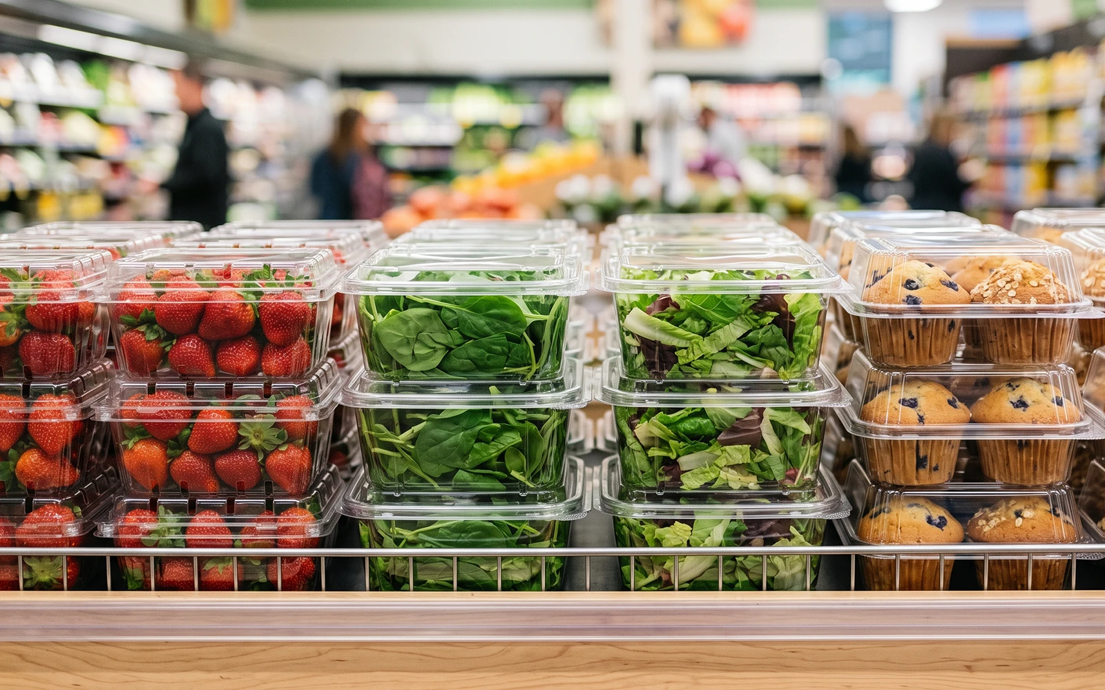 Clear PET clamshell packaging for food displayed on a grocery store shelf with fresh strawberries, salads, and bakery items