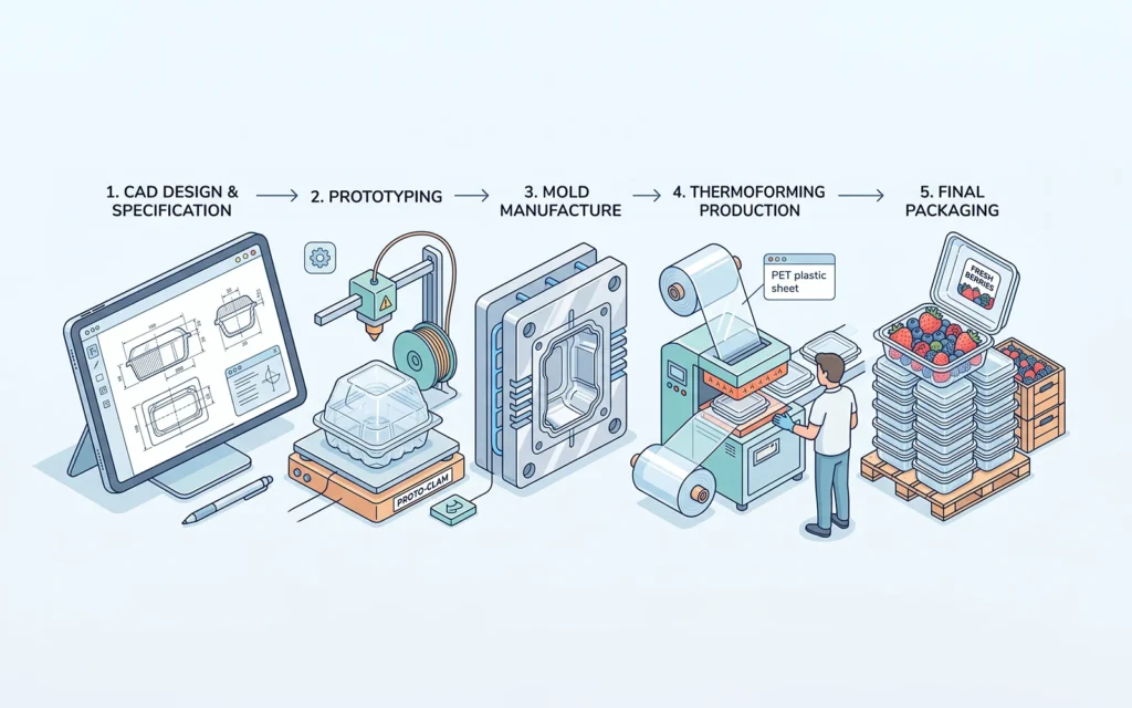 Custom clamshell packaging process infographic showing five stages from CAD design and 3D prototyping to mold tooling, thermoforming, and finished food containers.