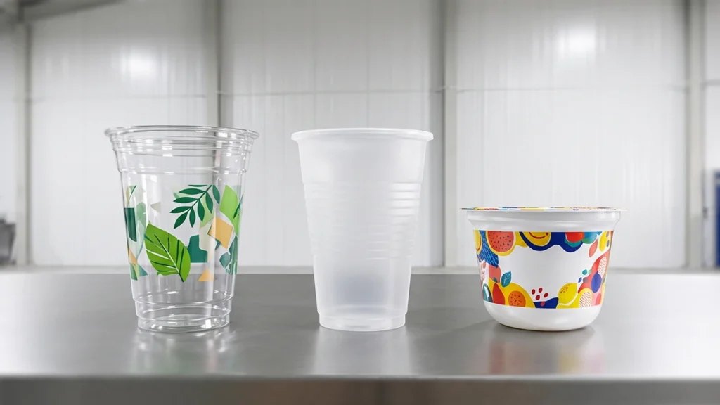 Clear printed PET cup, translucent PP cup, and printed IML yogurt cup on a stainless steel cleanroom table.