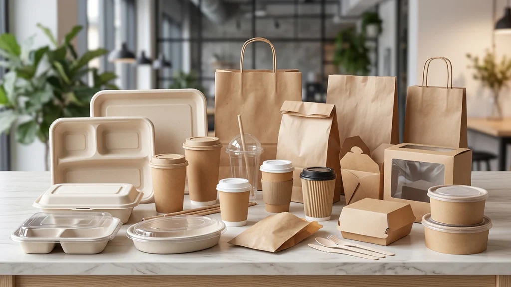 Biodegradable kraft paper and clear PET disposable food packaging collection including compartment trays, ripple coffee cups, takeout boxes, and paper bags on a commercial tabletop.